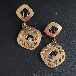 Gold Tone Geometric Dangle Earrings Cutout Design Clear Crystal Signed FL